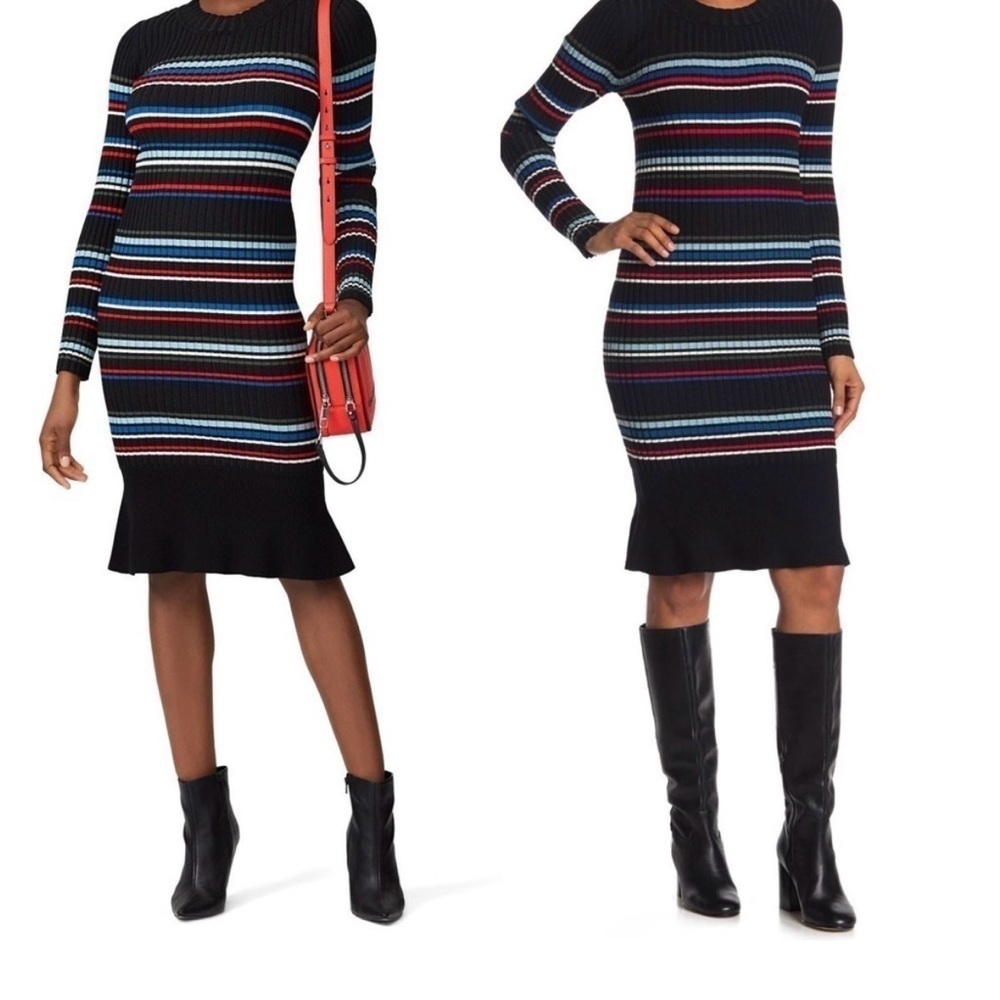 PARKER Sweater Dress Striped Ribbed Knit Bodycon Long Sleeves Ruffle Hem Size L